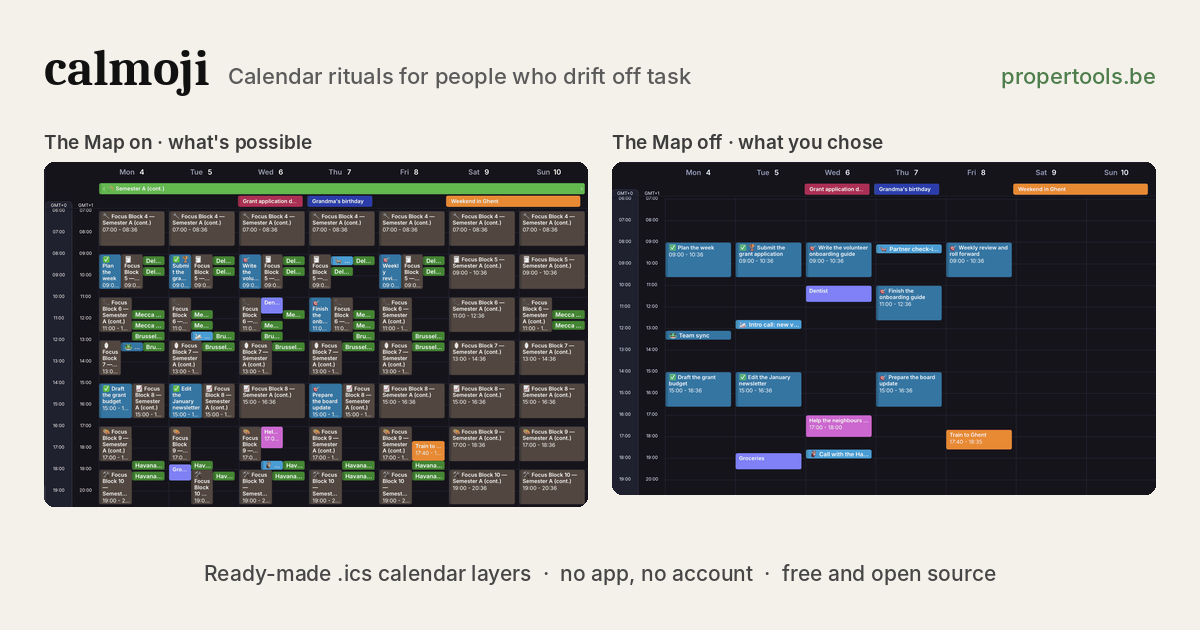 The same week in a calendar app, with calmoji's layers switched on, showing open focus blocks and meeting windows, and switched off, showing only what was chosen.