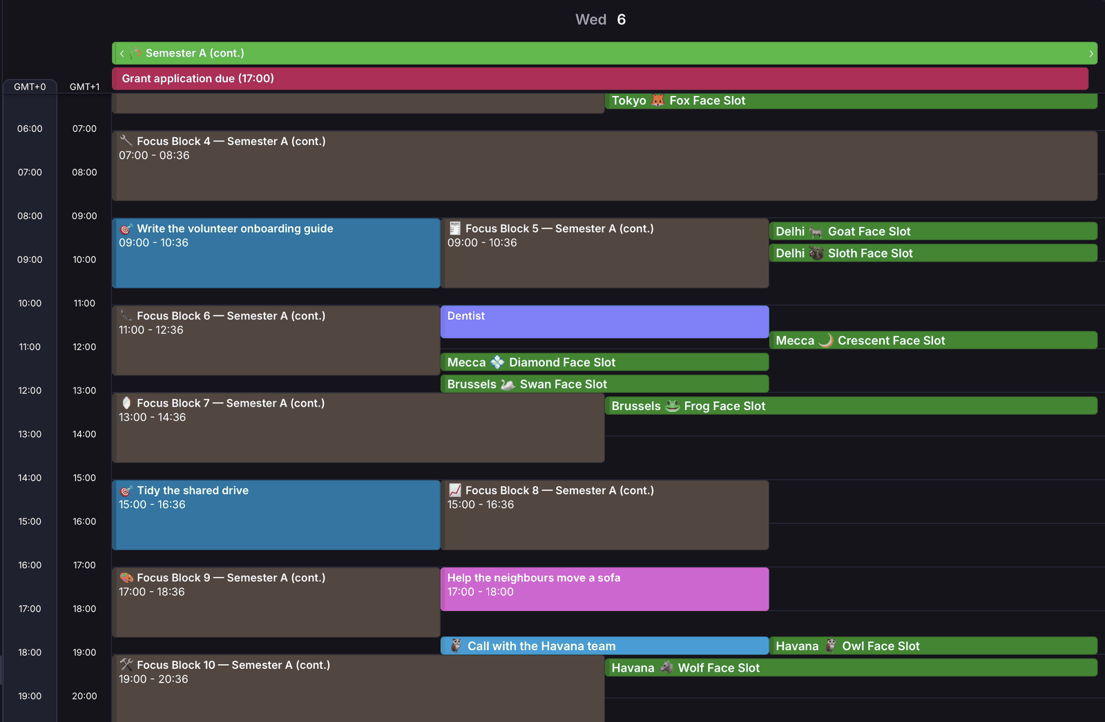 One day with the Map on: an open 09:00 focus block beside its claimed copy, renamed for a specific task, and an open Havana meeting slot beside the call booked from it.