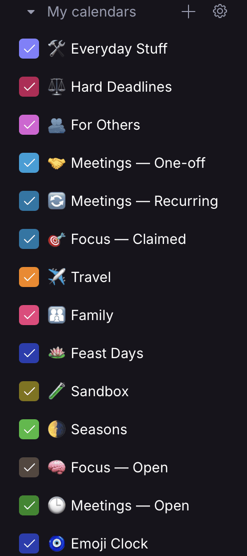 A calendar list: the Map layers, commitments, life calendars, and a sandbox, each with its emoji and its own colour.