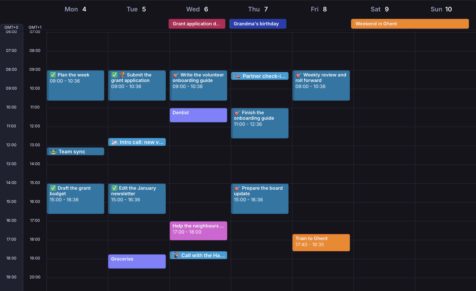 The same week with calmoji's Map switched off, leaving only claimed focus blocks, a few meetings, and ordinary life commitments, with plenty of open space.